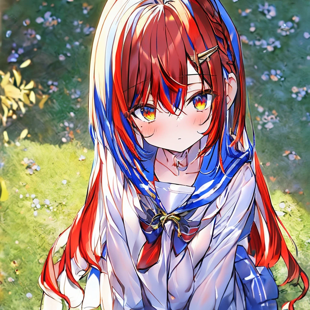 masterpiece++, Best Quality++, ultra-definition++, ultra-definition++, rey tracing, 4K or more++, 8K or more++, Slight details, (Background Focus )++,Young woman with golden laurel wreath, (((Ultramarine hair))), (((White dip dyed hair))), (((red streaked hair))),sailor,Sailor collar,White shirt, skirt by the,anchor,