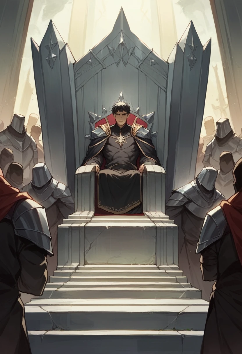 Faceless king in a throne, short black hair, iron throne, people around the throne
