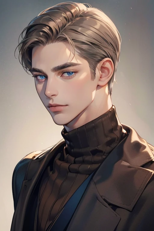 masterpiece, best quality, 1man, mature male, quiet and charming young man, 35 year old, closed mouth, portrait, extremely detailed face, closed mouth, lips nude ((blue eyes)), ((short-gray Brown  hair)), [thick eyebrows], handsome, half body, with black Turtleneck shirt, look at camera, 