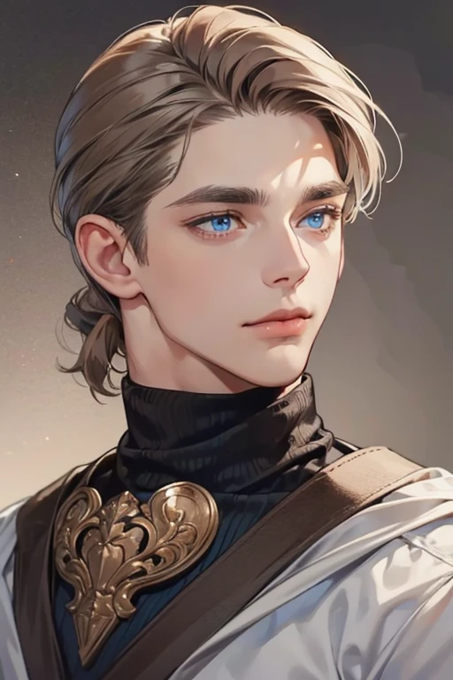 masterpiece, best quality, 1man, mature male, quiet and charming young man, 35 year old, closed mouth, portrait, extremely detailed face, closed mouth, lips nude ((blue eyes)), ((short-gray Brown  hair)), [thick eyebrows], handsome, half body, with black Turtleneck shirt, look at camera, 