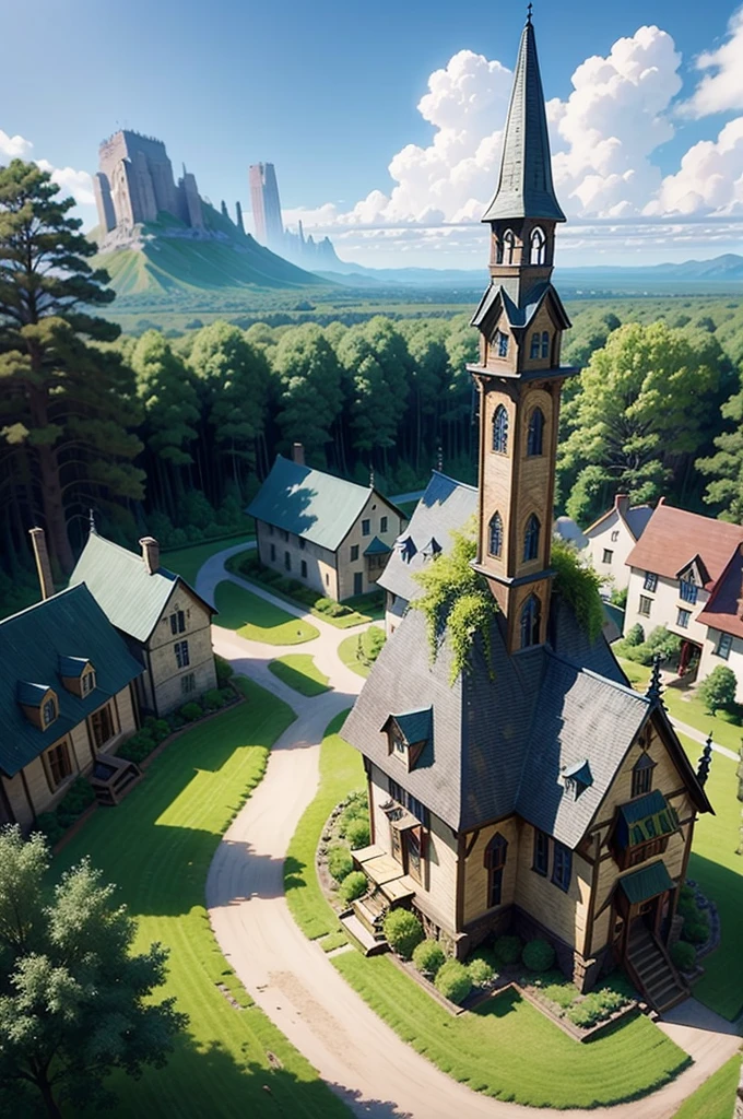 medieval fantasy, small town in a plain, small artificial forest