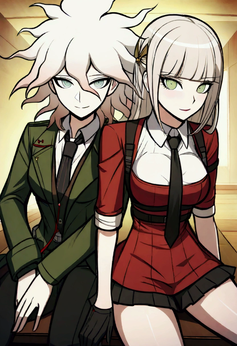 Wearing、Green Eyes、Anime girl wearing a black tie, Komaeda Nagito, from Girls Frontline, Komaeda Nagito from danganronpa, Girls Frontline style, Digital art from danganronpa, Gangster anime girl, Girls Frontline cg, Girls Frontline, White hair, Fine details. Girls Frontline, Inspired by Lee Knight