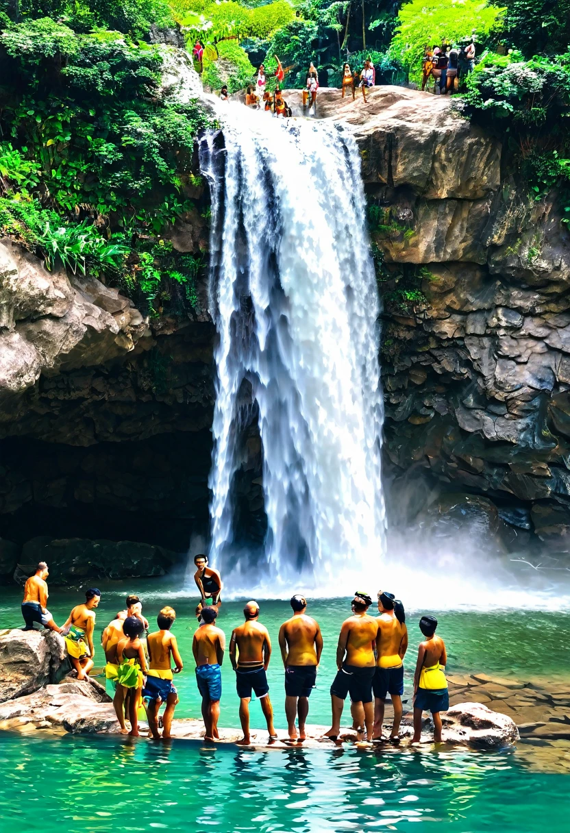 there are 8 people standing on a rock in the water, next to a waterfall