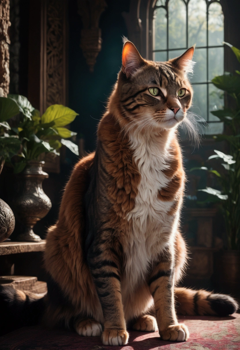 Giant Cat, A giant majestic cat, detailed feline anatomy, intricate fur textures, cinematic lighting, dramatic shadows, epic fantasy landscape, lush foliage, moody atmosphere, vibrant colors, 8k, masterpiece, best quality, very aesthetic, absurdres