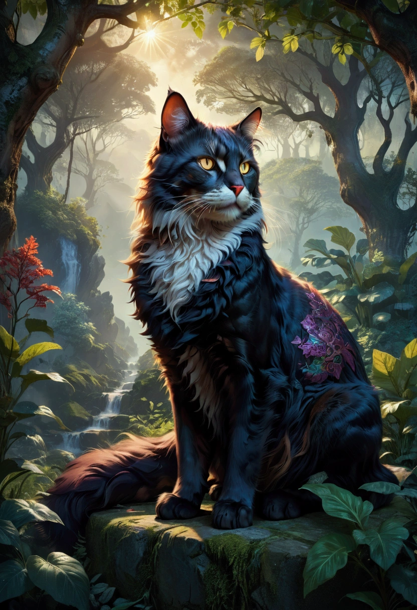 Giant Cat, A giant majestic cat, detailed feline anatomy, intricate fur textures, cinematic lighting, dramatic shadows, epic fantasy landscape, lush foliage, moody atmosphere, vibrant colors, 8k, masterpiece, best quality, very aesthetic, absurdres