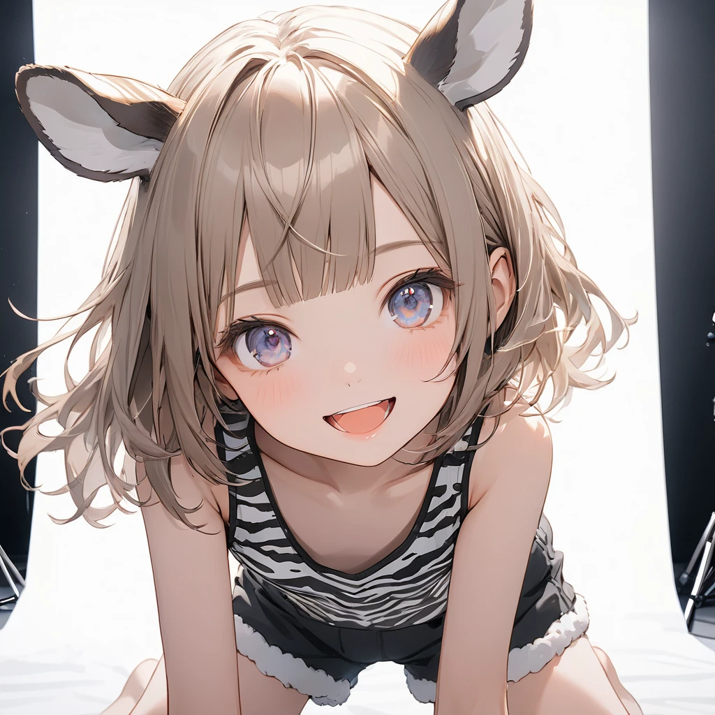((Masterpiece)), ((best quality)), ((kawaii)), ((extremely detailed)), (sketch:0.3), (RAW photo:1.2), (8K), (High Definition:1.3), (Professional Photography:1.2), cinematic lighting, (very aesthetic:1.2), (absurdres:1.2), (sharp focus), (perfect light), (wide shot), ((12 years old)), ((1girl)), ((wearing zebra-patterned tanktop)), fluffy shorts, cinematic lighting, Textured skin, messy hair, (loose blunt bangs), teenage girl, Healthy stomach, (Healthy slim body), small breasts, cute eyes, ((naughty smile)), (open mouth), (put on zebra ears), pale brown hair, Cute Beautiful girl, Thin accessories, ((Kneeling in the Photography Studio)),
