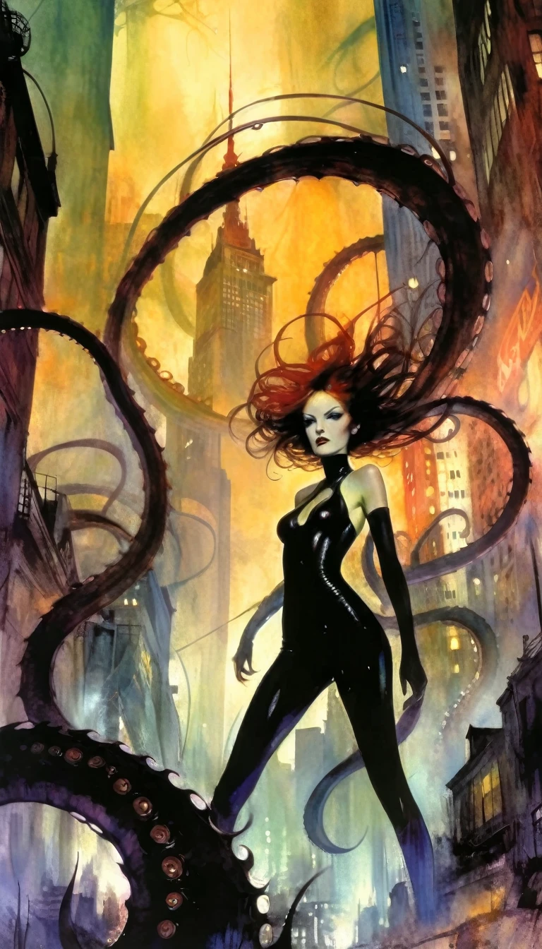 city destroyed by many giant tentacles (art inspired by Bill Sienkiewicz). oil painting)