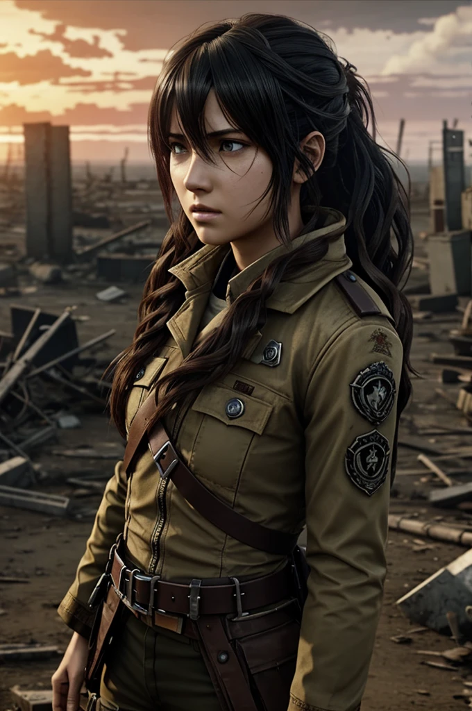 Captura of the Shingeki no Kyojin.
Wavy hair girl with bangs, in an apocalyptic scenario of dead soldiers