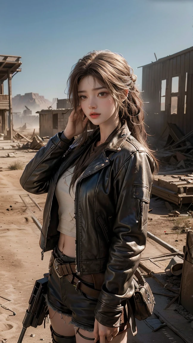 ((masterpiece, highest quality, Highest image quality, High resolution, photorealistic, Raw photo, 8K)), ((Extremely detailed CG unified 8k wallpaper)), Post-Apocalyptic Wasteland, The world of Mad Max, she wears a leather jacket over his bare skin and holds a shotgun, adderskin eye patch, Collapsed buildings are being swallowed by the desert, Ruins hazed with dust and sand, 