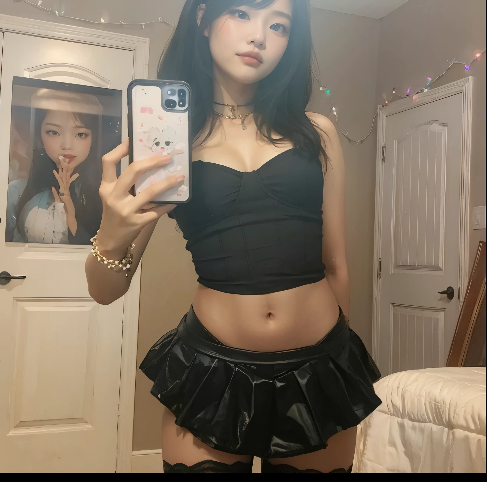 black hair, keep the same pose , make it with black hair, and change the skirt to a black one, realistic skin, realistic black hair