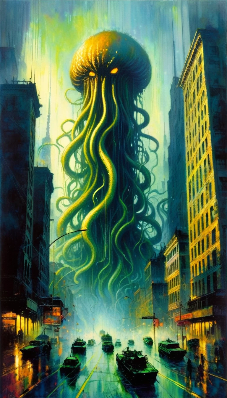 city destroyed by many giant tentacles (art inspired by Bill Sienkiewicz). oil painting)
