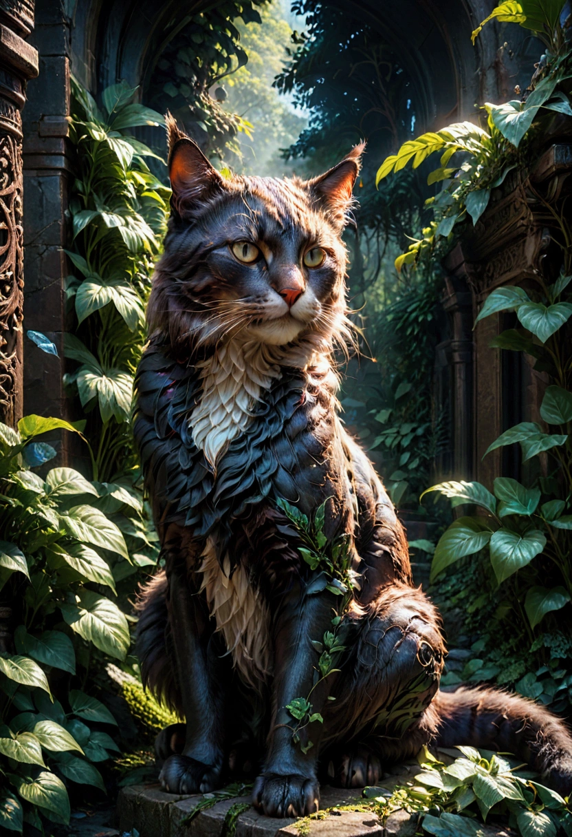 Giant Cat, A giant majestic cat, detailed feline anatomy, intricate fur textures, cinematic lighting, dramatic shadows, epic fantasy landscape, lush foliage, moody atmosphere, vibrant colors, 8k, masterpiece, best quality, very aesthetic, absurdres