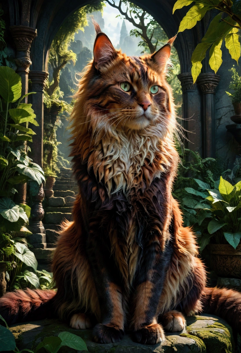 Giant Cat, A giant majestic cat, detailed feline anatomy, intricate fur textures, cinematic lighting, dramatic shadows, epic fantasy landscape, lush foliage, moody atmosphere, vibrant colors, 8k, masterpiece, best quality, very aesthetic, absurdres