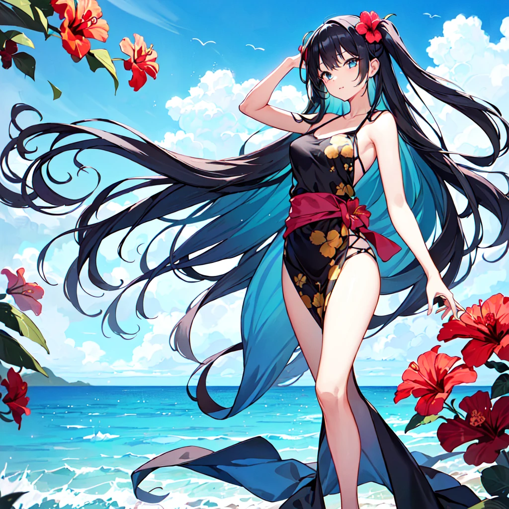 masterpiece, best quality, high quality, extremely detailed, very delicate and beautiful, (1 female 18 years old alone solo:1.5), (long black hair up to waist with two side up:1.5), bangs to eyebrows, eyes (eyes: 1.3), 6.5 head height, (long dress with hibiscus flowers and aloha print: 1.3), ruffled, (mouth open with smug expression), (standing: 1.3), (hand on back of head), (dynamic pose), (background ocean: 1.3), (blue sky: 1.3) 1.3)