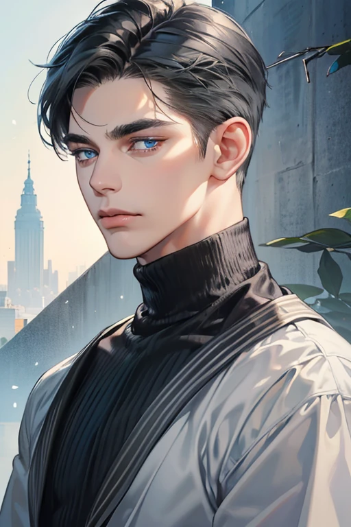 masterpiece, best quality, 1man, mature male, quiet and charming young man, 35 year old, closed mouth, portrait, extremely detailed face, closed mouth, lips nude ((blue eyes)), ((short-gray black  hair)), [thick eyebrows], handsome, half body, with black Turtleneck shirt, look at camera, 