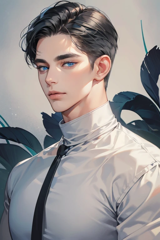 masterpiece, best quality, 1man, mature male, quiet and charming young man, 35 year old, closed mouth, portrait, extremely detailed face, closed mouth, lips nude ((blue eyes)), ((short-gray black  hair)), [thick eyebrows], handsome, half body, with black Turtleneck shirt, look at camera, 
