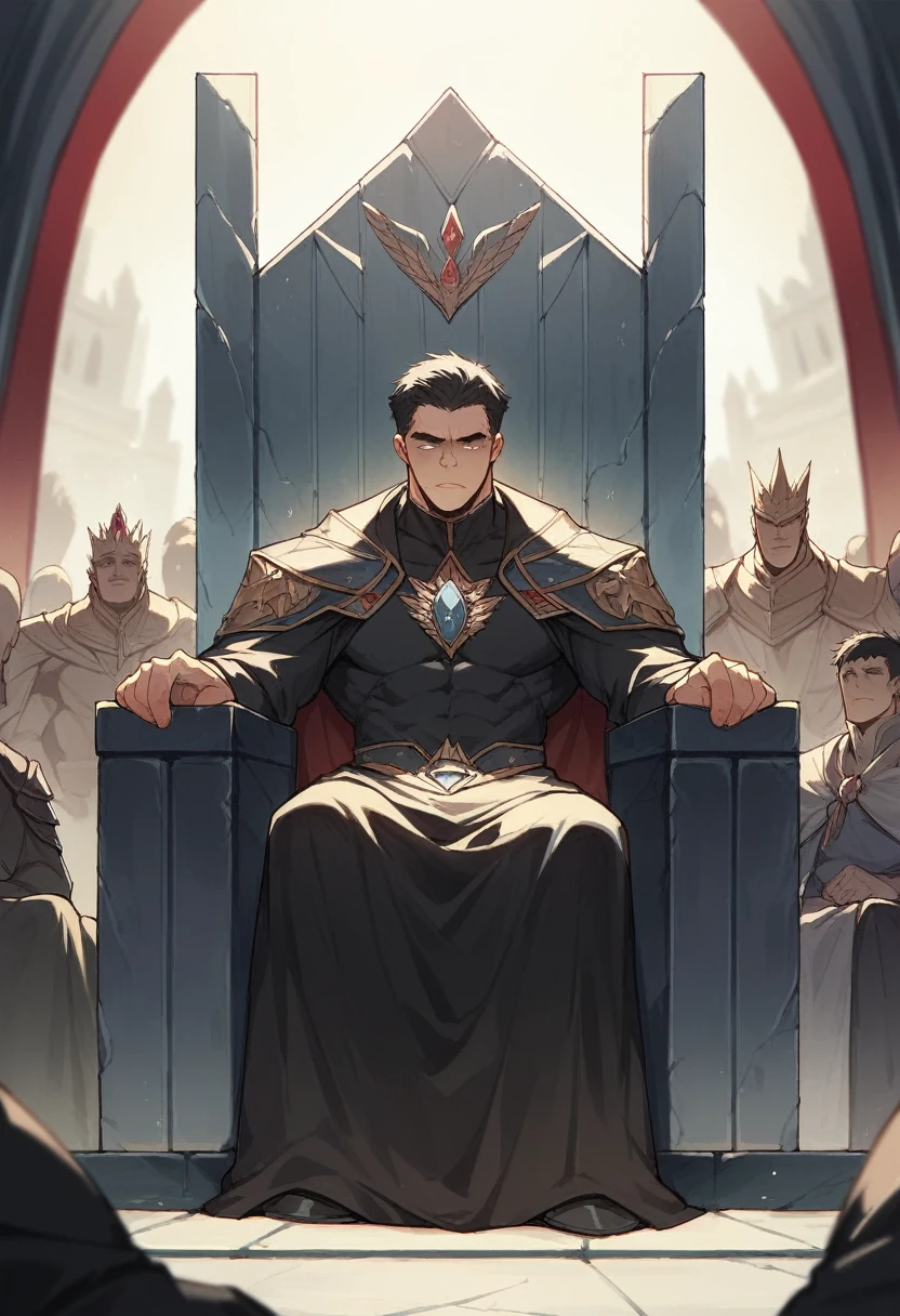 Faceless king in a throne, short black hair, iron throne, people around the throne, dark clothes