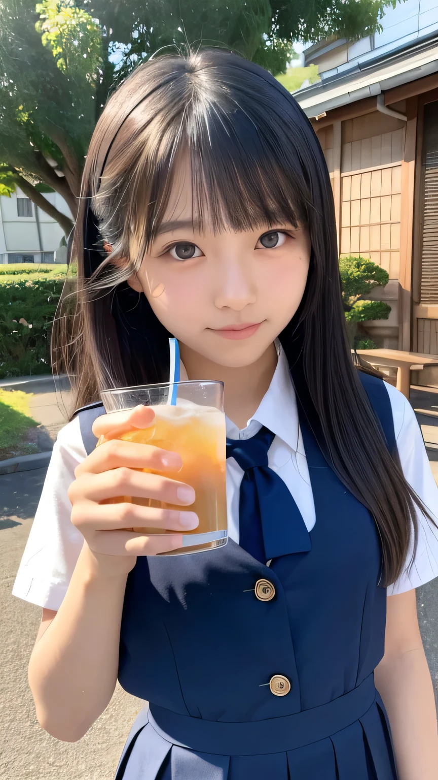 (masterpiece:1.2), Japanese, (18 years old), (((a girl))), (school uniform), outdoor, plump, summer vacation, sunshine, drink cup, 