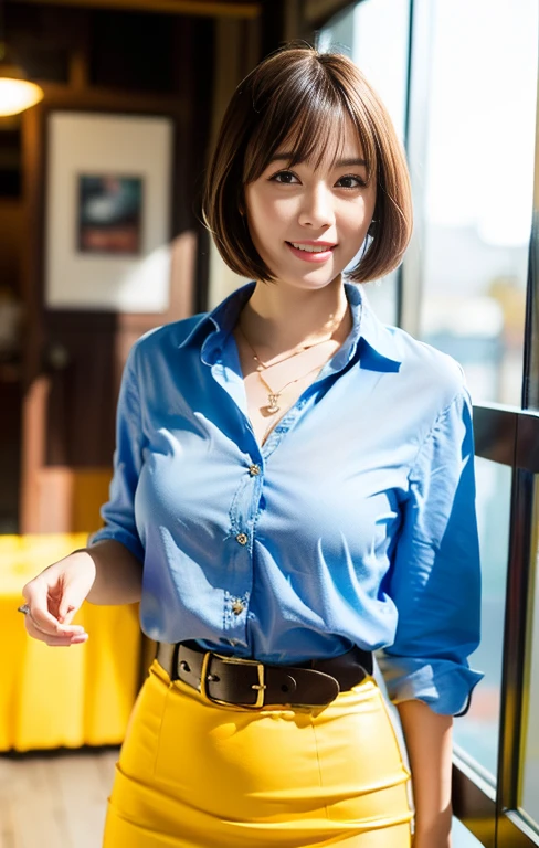 (a tall and pretty woman, age28, kind smile, dimpled cheeks, slender abs, short hair, styish bob hair, side bangs, ponytail, ample bosom, wearing pendant or chokeh , korean trendy fashion, white button up shirt, belt, yellow pencil skirt, Tokyo Tower in background, detailed eyes, double eyelid, best quality, 8k, highres, masterpiece:1.3, realistic, photorealistic:1.37, HDR, UHD, studio lighting, ultra-fine painting, sharp focus, physically-based rendering, extreme detail description, professional, vivid colors, bokeh, cowboy-shot)