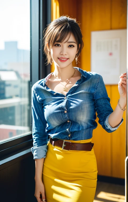 (a tall and pretty woman, age28, kind smile, dimpled cheeks, slender abs, short hair, styish bob hair, side bangs, ponytail, ample bosom, wearing pendant or chokeh , korean trendy fashion, white button up shirt, belt, yellow pencil skirt, Tokyo Tower in background, detailed eyes, double eyelid, best quality, 8k, highres, masterpiece:1.3, realistic, photorealistic:1.37, HDR, UHD, studio lighting, ultra-fine painting, sharp focus, physically-based rendering, extreme detail description, professional, vivid colors, bokeh, cowboy-shot)
