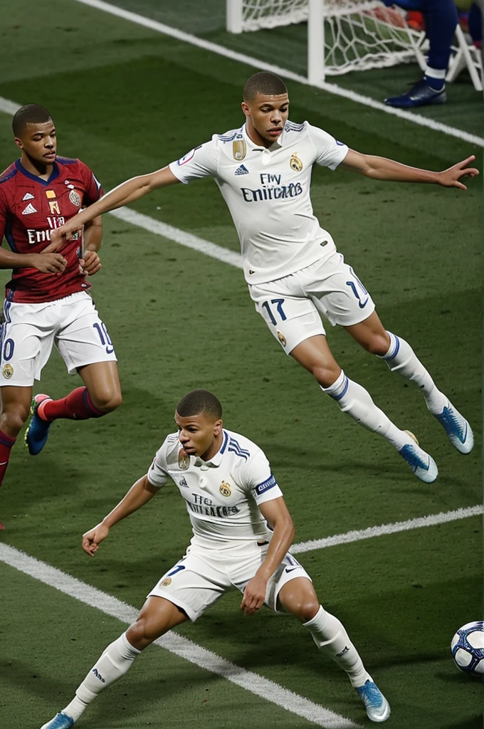 Kylian Mbappe scoring his first goal for Real Madrid at the Santiago Bernabéu Stadium