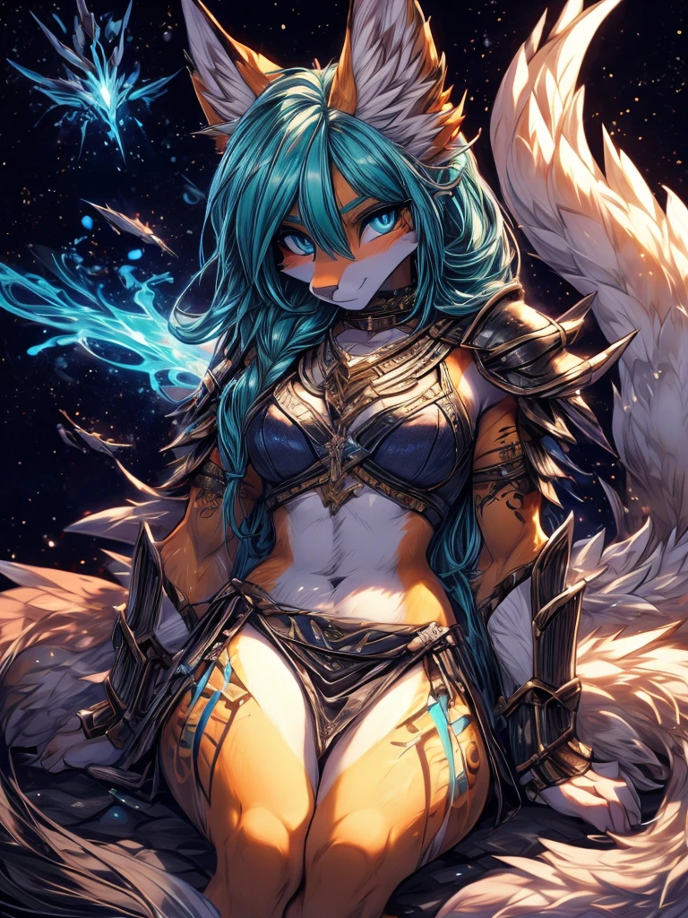 Miku Hatsune, alta definicion, cuerpo blanco, astuto de nieve, pelo blanco,orejas de kitsune, tatuaje tribal, ropa tribal, pretty girl, 18 year old girl, bosque negro landscape, chica de tiro con arco, intense blue eyes, magia tribal