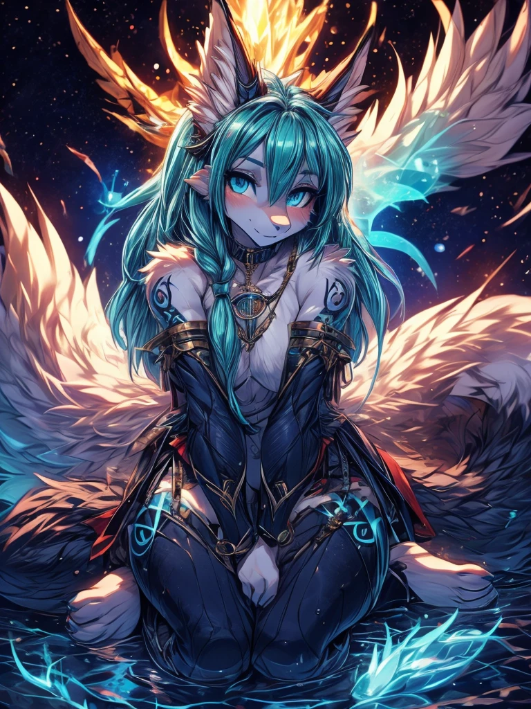 Miku Hatsune, add high definition_detail:1, blue fur,kitsune ears, tribal tattoo add_detail:1, in hell add_detail, barefoot, the same, giant black feather wings add_detail:1 ,alas hermosas la mejor calidad y detail en las plumas, blue saturation light, sensual pose add_detail 