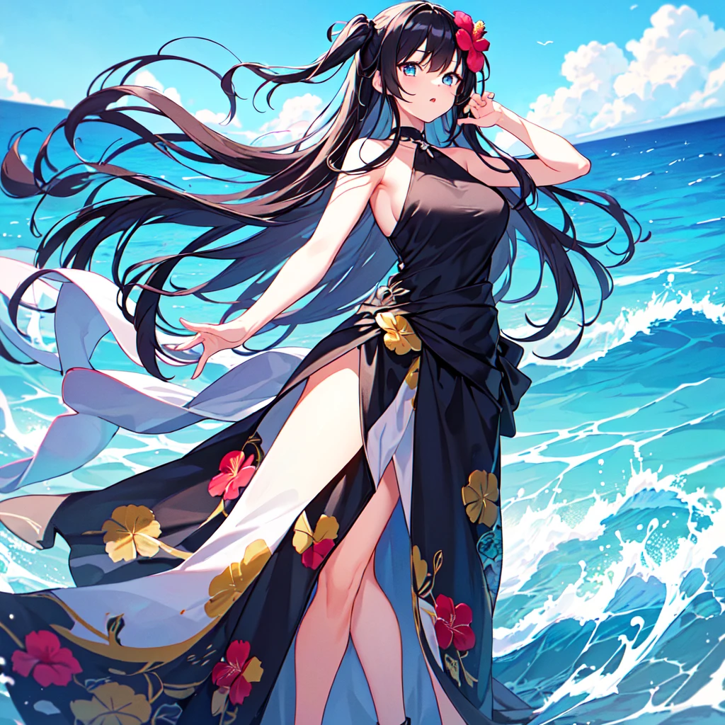 masterpiece, best quality, high quality, extremely detailed, very delicate and beautiful, (1 female 18 years old alone solo:1.5), (long black hair up to waist with two side up:1.5), bangs to eyebrows, eyes (eyes: 1.3), 6.5 head height, (long dress with hibiscus flowers and aloha print: 1.3), ruffled, (mouth open with smug expression), (standing: 1.3), (hand on back of head), (dynamic pose), (background ocean: 1.3), (blue sky: 1.3) 1.3)