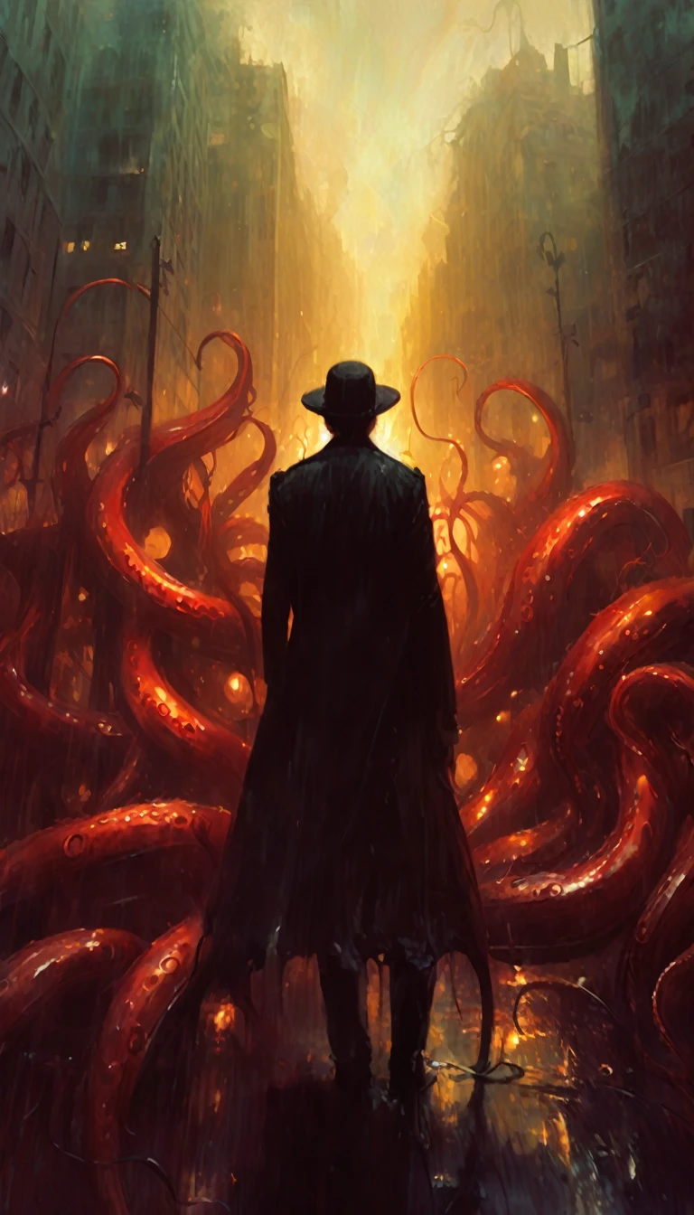 city destroyed by many giant tentacles (art inspired by Bill Sienkiewicz). oil painting)