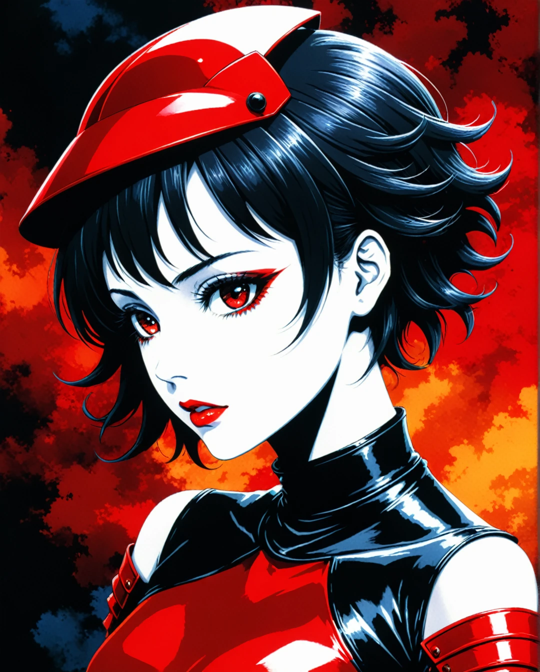 in style of American McGee,in style of David Sims, 1girl,protogen visor ghostwhite,Profile，90 degree tilt of neck，Face up，Oblique composition looking at viewer，a full-body, high-resolution anime style of a rebellious teenage female goth with short curly black hair, thin face, intense red lips, gothic fashion, inspired by the works of Yoshiaki Kawajiri, vibrant and edgy, with dramatic lighting and dynamic composition, BREAK, Art style by Yoshiaki Kawajiri and Tsukasa Hojo and Toshihiro Kawamoto - -intricately detailed face - -80s and 90s anime still - -1980s retro anime - -1980s and 1990s anime retro nostalgia -highly detailed profile BREAK, ARISTYLE4, Soft Pastel -depth of field, Cinematic Angles, Dynamic angles, (((masterpiece))), perfect face, ((full body shot)),-