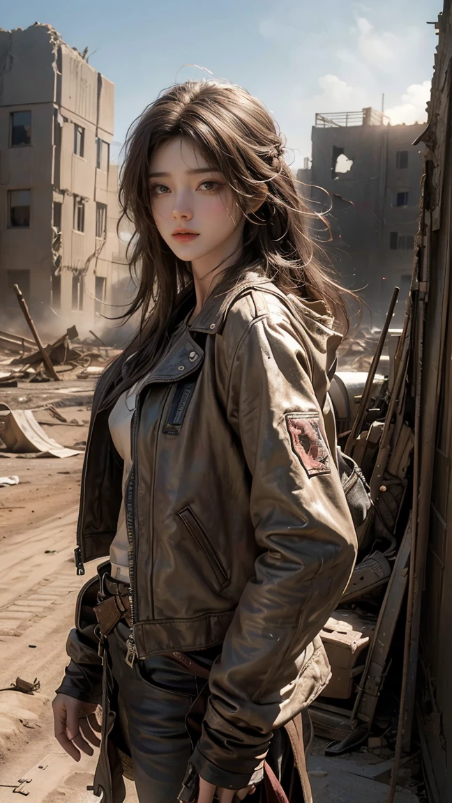 ((masterpiece, highest quality, Highest image quality, High resolution, photorealistic, Raw photo, 8K)), ((Extremely detailed CG unified 8k wallpaper)), Post-Apocalyptic Wasteland, The world of Mad Max, she wears a leather jacket over his bare skin and holds a shotgun, adderskin eye patch, Collapsed buildings are being swallowed by the desert, Ruins hazed with dust and sand, 