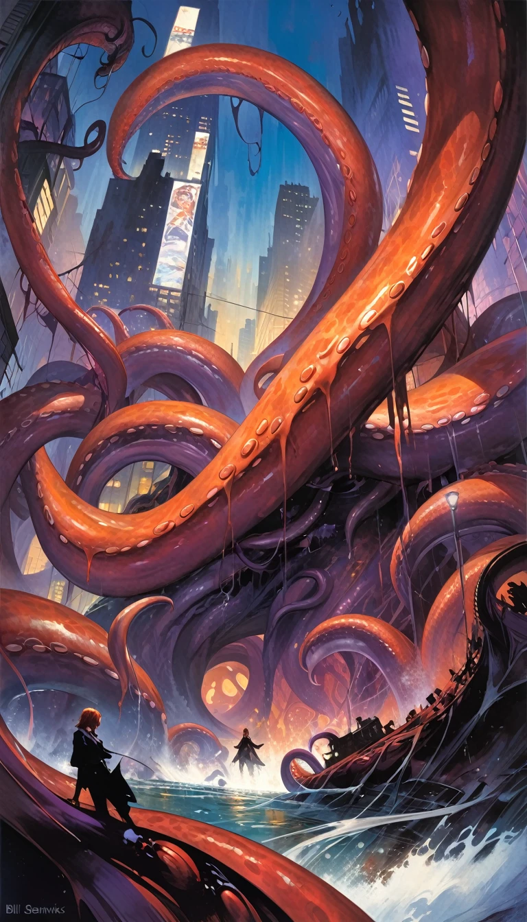 city ​​destroyed by many giant tentacles  (art inspired by Bill Sienkiewicz). oil painting)