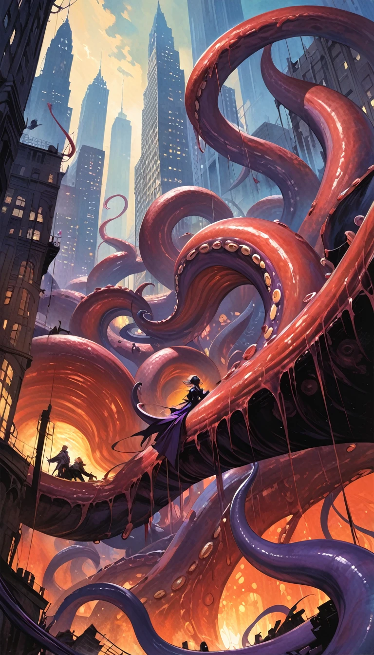 city destroyed by many giant tentacles (art inspired by Bill Sienkiewicz). oil painting)