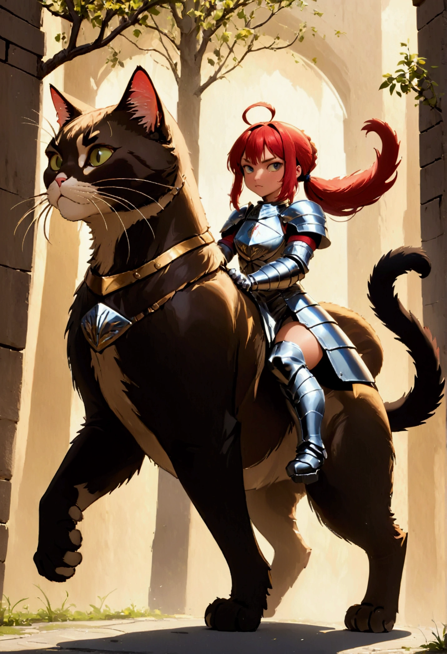 arafed a picture of a human knight riding an (Giant cat 1.3)) וin fantasy street, a a human knight, full body, ((anatomically correct: 1.5), female knight, red hair, long hair, hair in a pony tail, wearing knight's armor, decorated armor, high heeled boots, BREAK riding a (Giant Cat: 1.5)), the cat is wearing armor ready for battle, dynamic color cat Hyperrealism style, vibrant, Ultra-high resolution, High Contrast, (masterpiece:1.5), highest quality, Best aesthetics), best details, best quality, highres, ultra wide angle, 16k, [ultra detailed], masterpiece, best quality, (extremely detailed) RAW, ArmoredDress, digital painting