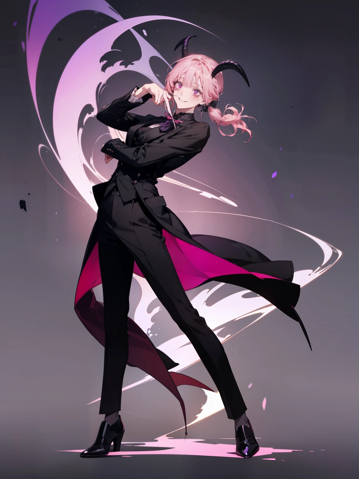 butler outfit, short pink hair, pony tail, purple eyes, gray skin, demon, claws, goat horns, bangs, Gothic art, full body shot, elegant pose, smile, Romanticism, masterpiece, anatomically correct, high quality, super detail, best quality, 4K, 8k