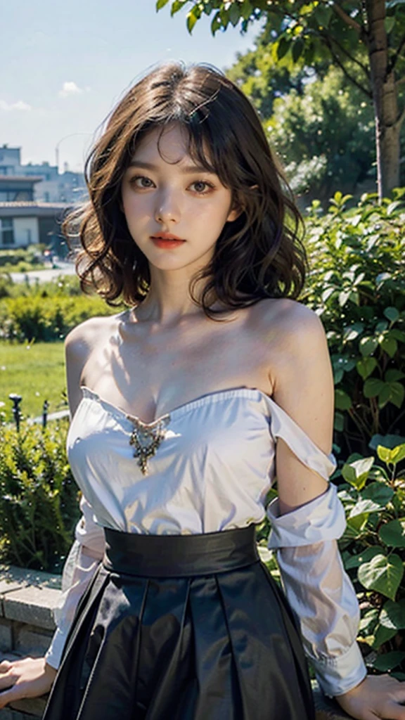detailed background, masterpiece, best quality, 1 person , curly hair, long hair, purple eyes, star in eye , lime color Strapless blouse, long skirt