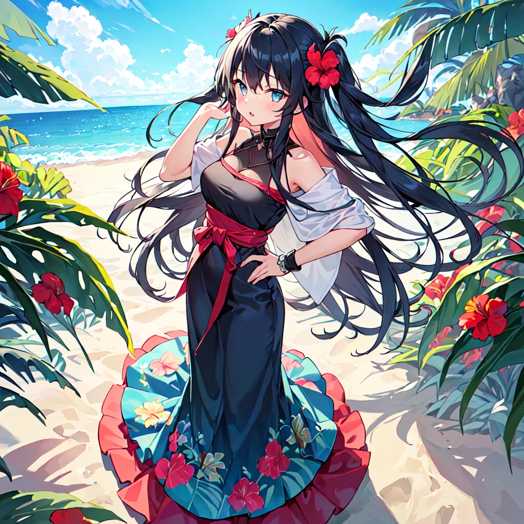 masterpiece, best quality, high quality, extremely detailed, very delicate and beautiful, (1 female 18 years old alone solo:1.5), (long black hair up to waist with two side up:1.5), bangs to eyebrows, eyes (eyes: 1.3), 6.5 head height, (long dress with hibiscus flowers and aloha print: 1.3), ruffled, (mouth open with smug expression), (standing: 1.3), (hand on back of head), (dynamic pose), (background ocean: 1.3), (blue sky: 1.3) 1.3)