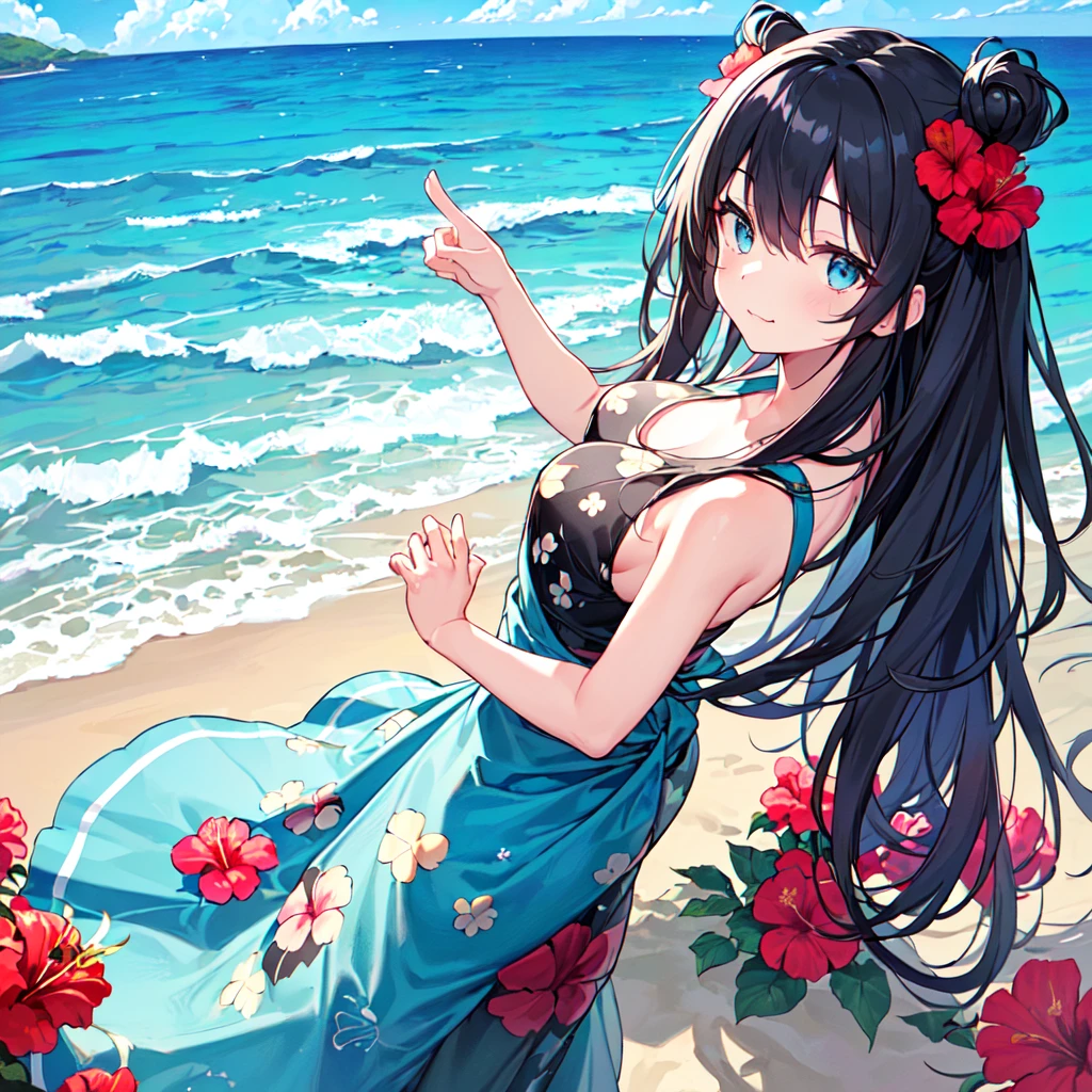 masterpiece, best quality, high quality, extremely detailed, very delicate and beautiful, (1 female 18 years old alone solo:1.5), (long black hair up to waist with two side up:1.5), bangs to eyebrows, eyes (eyes: 1.3), 6.5 head height, (long dress with hibiscus flowers and aloha print: 1.3), ruffled, (mouth open with smug expression), (standing: 1.3), (hand on back of head), (dynamic pose), (background ocean: 1.3), (blue sky: 1.3) 1.3)