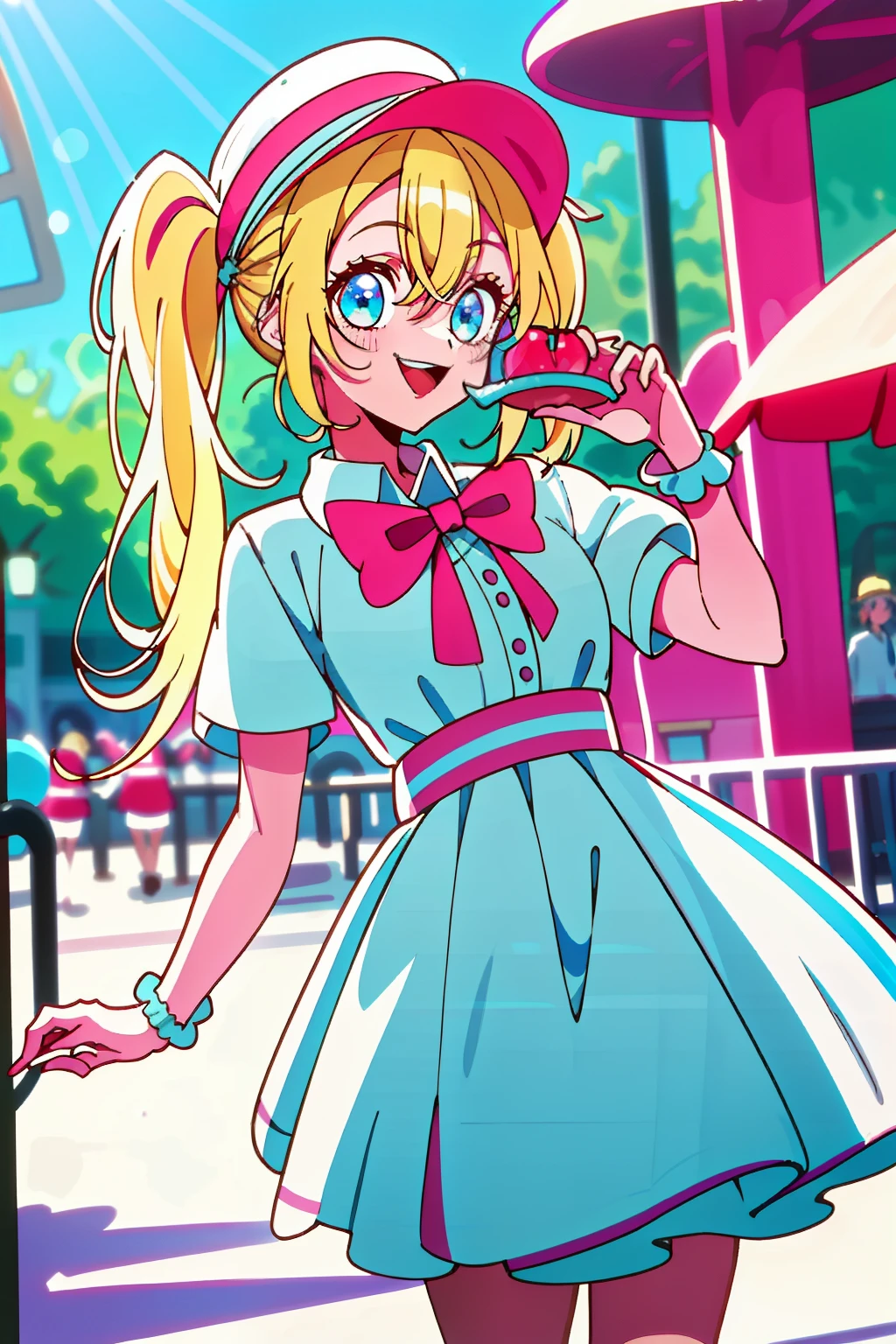 In the heart of Dream Core Amusement Park, a young girl with sparkling blue eyes and a bubbly laugh is captured in a joyful moment. She has her blonde hair tied up in twin pigtails, adorned with small, pastel-colored bows, and wears a bright yellow sun hat to protect herself from the sun. Her enchanting smile is accentuated by the cherry red lipstick she applies in a small mirror before venturing off to ride the roller coasters.

As she steps into the park, the vibrant colors and lively atmosphere of Dream Core Amusement Park surround her. She clutches a candy apple, its red and white stripes gleaming under