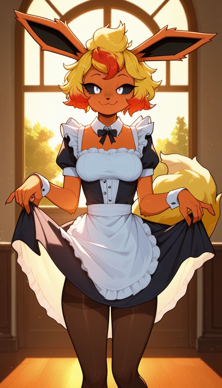 Excited expression, 1girl, anthro, furry, fur, fluffy fur, flareon girl, yellow hair (red highlights), black sclera, white eyes, short hair, Messy hair, (19 years), medium breast, thicc thighs, solo, (bedroom, mansion), sunset, detailed, smug smile, maid outfit, pantyhose, cleaning, score_9, score_8_up, score_7_up, score_6_up, score_5_up, score_4_up