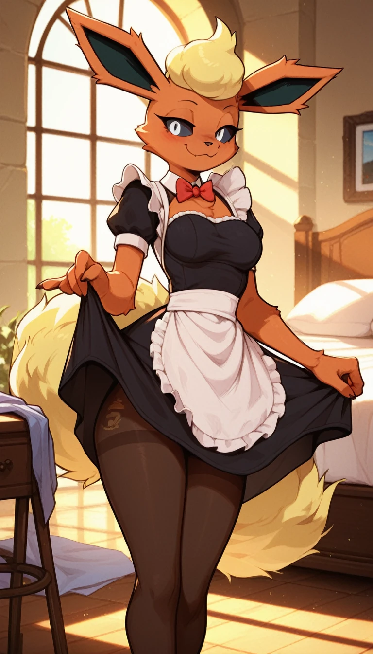 Excited expression, 1girl, anthro, furry, fur, fluffy fur, flareon girl, yellow hair (red highlights), black sclera, white eyes, short hair, Messy hair, (19 years), medium , thicc thighs, solo, (bedroom, mansion), sunset, detailed, smug smile, maid outfit, pantyhcleaning, score_9, score_8_up, score_7_up, score_6_up, score_5_up, score_4_up