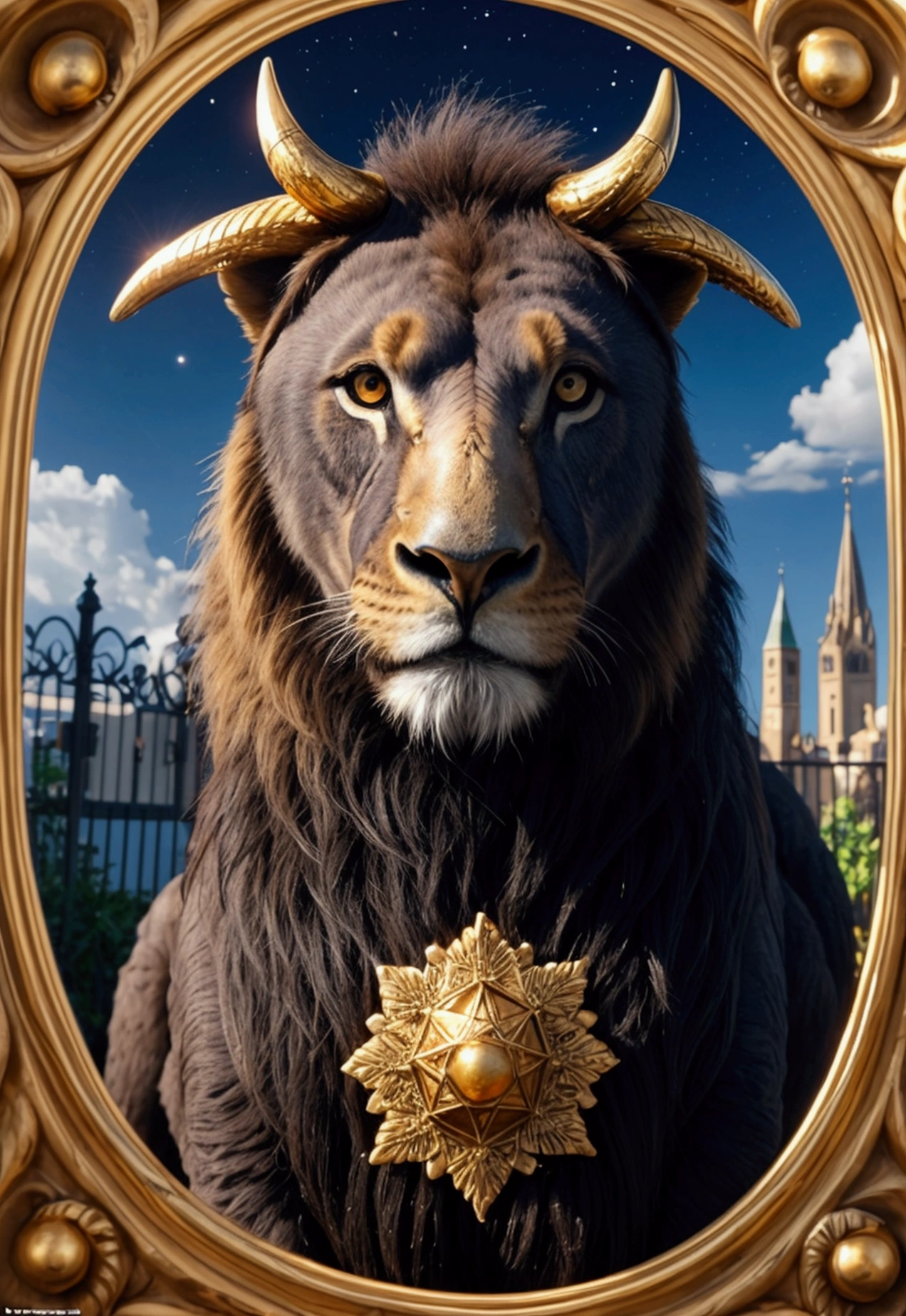 an enchanting scene under a clear blue sky, featuring a golden city with transparent gates and a shining star. In this magical city, depict a lush garden filled with diverse herbs and vibrant flowers. Include animals of unprecedented beauty: a yellow fire-maned lion, a blue ox full of eyes, and a majestic golden eagle with a bright and unforgettable gaze. The atmosphere should be serene and filled with a sense of wonder, reflecting the mystical and ethereal qualities of this beautiful setting.
Details to include:
Golden City: Golden buildings and structures, shimmering under the blue sky.
Transparent Gates: Crystal-clear gates leading into the city.
Shining Star: A prominent star glowing in the sky above the city.
Lush Garden: A garden filled with a variety of colorful herbs and flowers.
Yellow Fire-Maned Lion: A majestic lion with a mane that looks like golden flames.
Blue Ox Full of Eyes: A mystical blue ox with multiple eyes, symbolizing wisdom and vision.
Golden Eagle: A golden eagle with a radiant and unforgettable gaze, perched or flying above.
Atmosphere: Magical, serene, and filled with a sense of wonder and tranquility.
Additional Elements:
Soft lighting to enhance the magical and serene atmosphere.
Subtle details to emphasize the uniqueness and beauty of each animal.
Harmonious blending of colors to create a cohesive and enchanting scene.