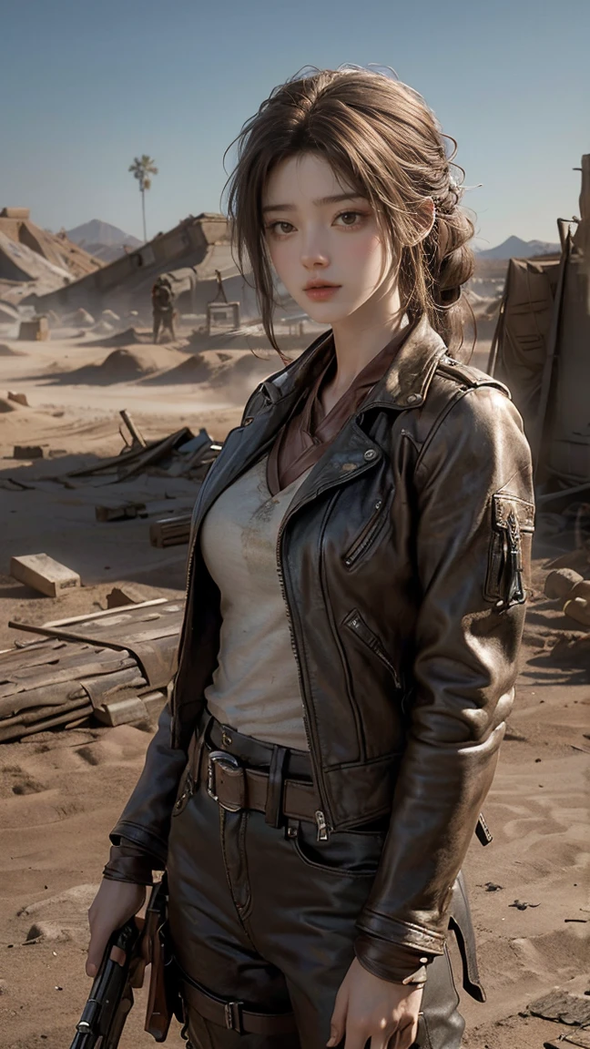 ((masterpiece, highest quality, Highest image quality, High resolution, photorealistic, Raw photo, 8K)), ((Extremely detailed CG unified 8k wallpaper)), Post-Apocalyptic Wasteland, The world of Mad Max, she wears a leather jacket over his bare skin and holds a shotgun, adderskin eye patch, Collapsed buildings are being swallowed by the desert, Ruins hazed with dust and sand, 