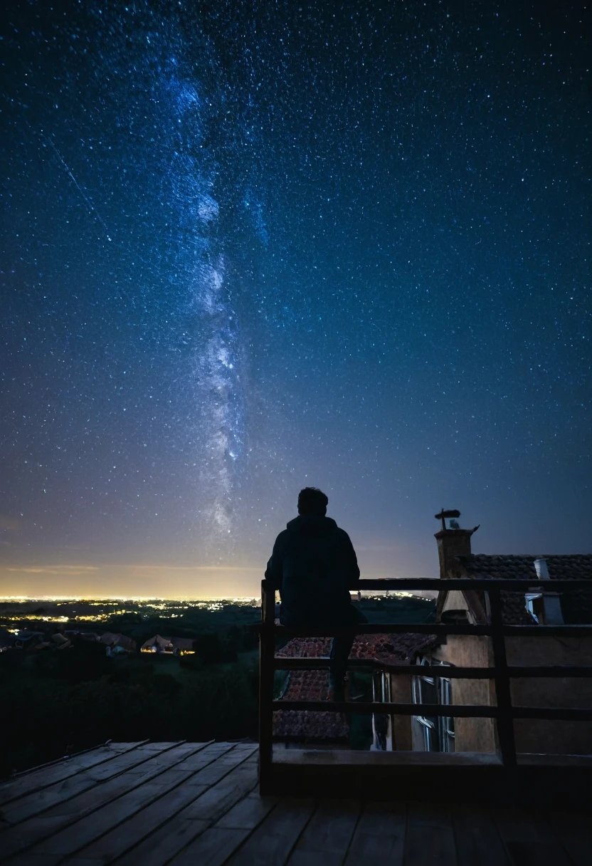 a man sits on the top floor of his house looking at the stars at night, the picture taken from the behind