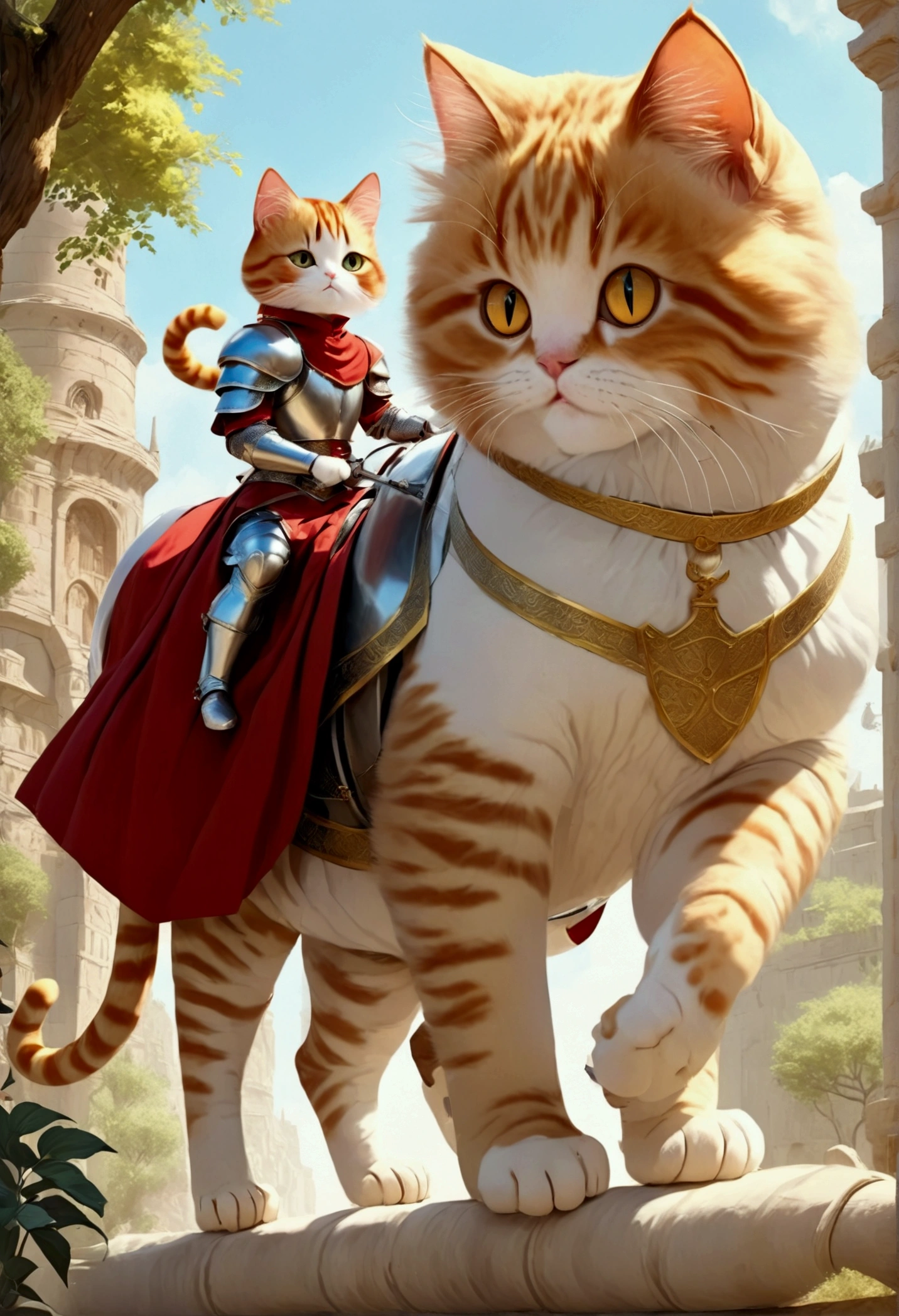 arafed a picture of a human knight riding an (Giant cat 1.3)) וin fantasy street, a a human knight, full body, ((anatomically correct: 1.5), female knight, red hair, long hair, hair in a pony tail, wearing knight's armor, decorated armor, high heeled boots, BREAK riding a (Giant Cat: 1.5)), the cat is wearing armor ready for battle, dynamic color cat Hyperrealism style, vibrant, Ultra-high resolution, High Contrast, (masterpiece:1.5), highest quality, Best aesthetics), best details, best quality, highres, ultra wide angle, 16k, [ultra detailed], masterpiece, best quality, (extremely detailed) RAW, ArmoredDress, ccxl-mucha