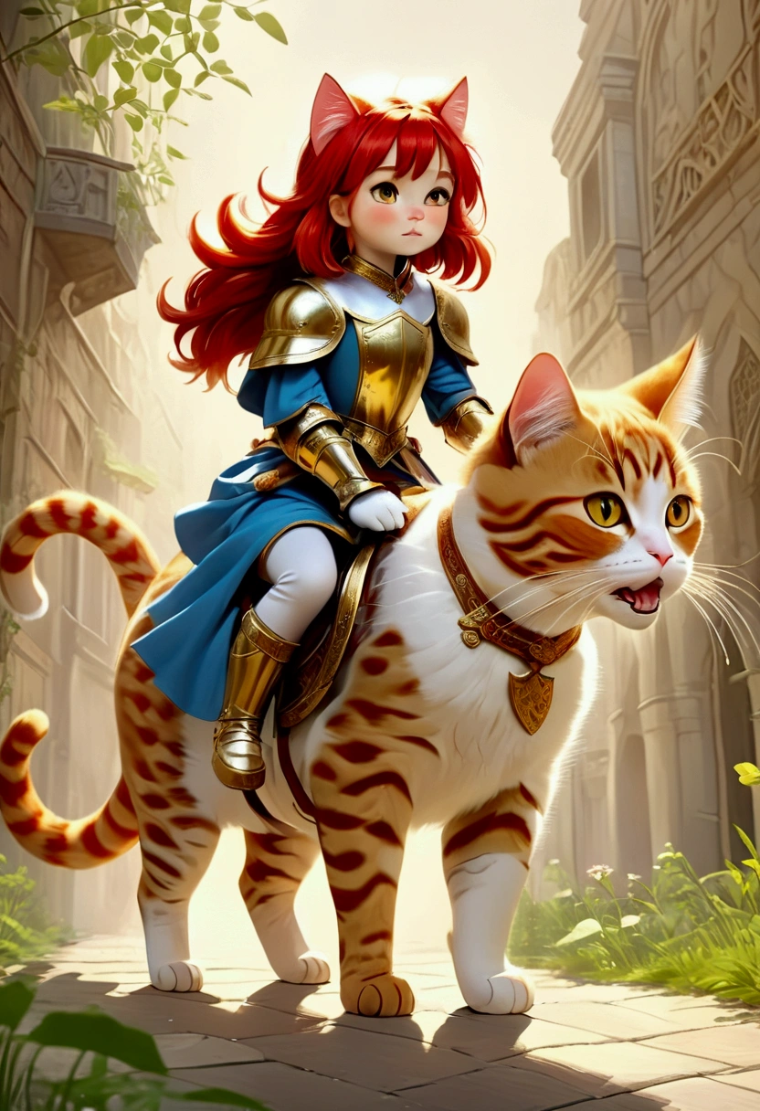 arafed a picture of a human knight riding an (Giant cat 1.3)) וin fantasy street, a a human knight, full body, ((anatomically correct: 1.5), female knight, red hair, long hair, hair in a pony tail, wearing knight's armor, decorated armor, high heeled boots, BREAK riding a (Giant Cat: 1.5)), the cat is wearing armor ready for battle, dynamic color cat Hyperrealism style, vibrant, Ultra-high resolution, High Contrast, (masterpiece:1.5), highest quality, Best aesthetics), best details, best quality, highres, ultra wide angle, 16k, [ultra detailed], masterpiece, best quality, (extremely detailed) RAW, ArmoredDress, ccxl-mucha