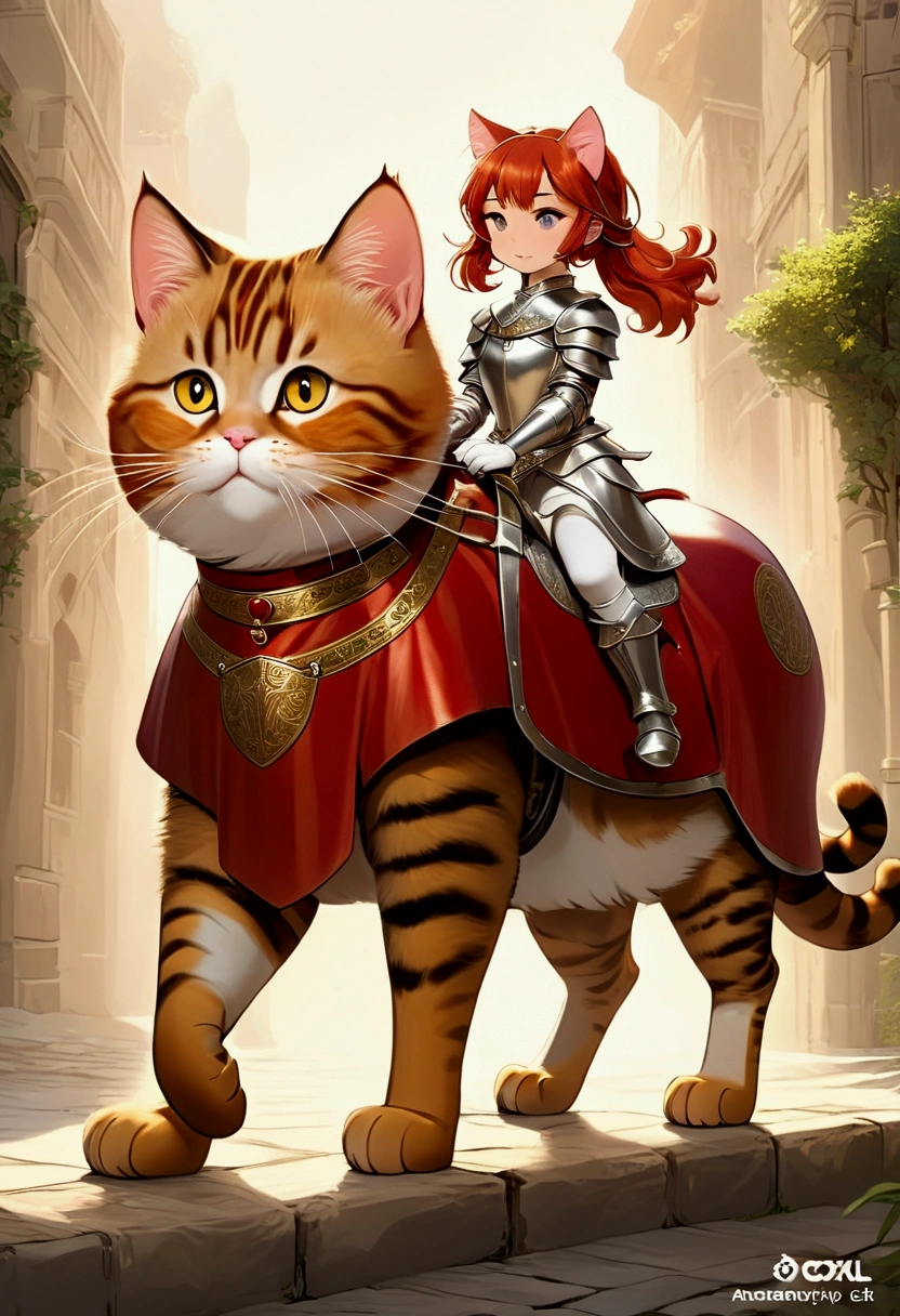 arafed a picture of a human knight riding an (Giant cat 1.3)) וin fantasy street, a a human knight, full body, ((anatomically correct: 1.5), female knight, red hair, long hair, hair in a pony tail, wearing knight's armor, decorated armor, high heeled boots, BREAK riding a (Giant Cat: 1.5)), the cat is wearing armor ready for battle, dynamic color cat Hyperrealism style, vibrant, Ultra-high resolution, High Contrast, (masterpiece:1.5), highest quality, Best aesthetics), best details, best quality, highres, ultra wide angle, 16k, [ultra detailed], masterpiece, best quality, (extremely detailed) RAW, ArmoredDress, ccxl-mucha