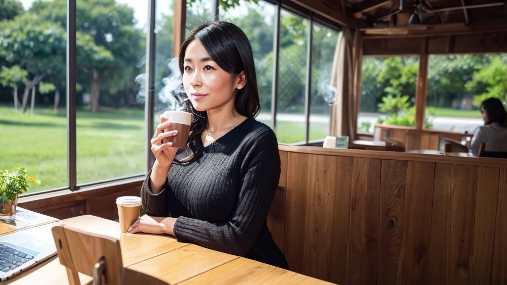 A Big breasts woman enjoying a large cloud of vapor from her vape while working on her laptop in a cozy cafe. She has a modern, sophisticated look with casual yet chic clothing, perhaps a trendy blouse and jeans. The cafe has a warm, inviting atmosphere with wooden tables, soft lighting, and some greenery around. The woman is seated at a table near a window, with her laptop open, a cup of coffee beside her, and a calm, focused expression on her face as she exhales a thick, billowing many cloud of vapor.