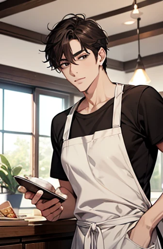 ,male, Delicate face, Wearing plain clothes, Urban handsome, 、The dishes、pancake、indoor、Home、kitchen、Wearing an apron、Have