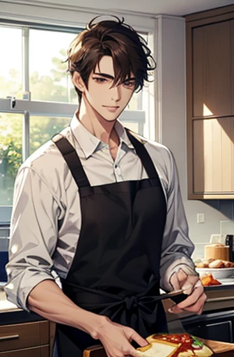 ,male, Delicate face, Wearing plain clothes, Urban handsome, 、The dishes、pancake、indoor、Home、kitchen、Wearing an apron、Have
